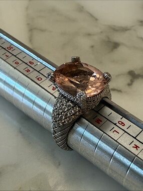 Judith Ripka silver and rose quartz ring with CZs, size 7